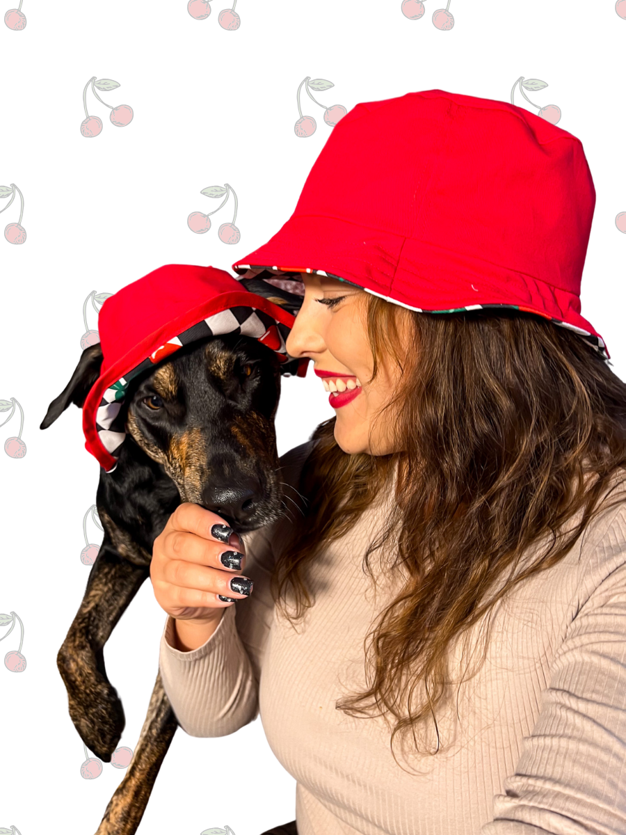 Matching Dog and Owner Cherry Checker Reversible Bucket Hats