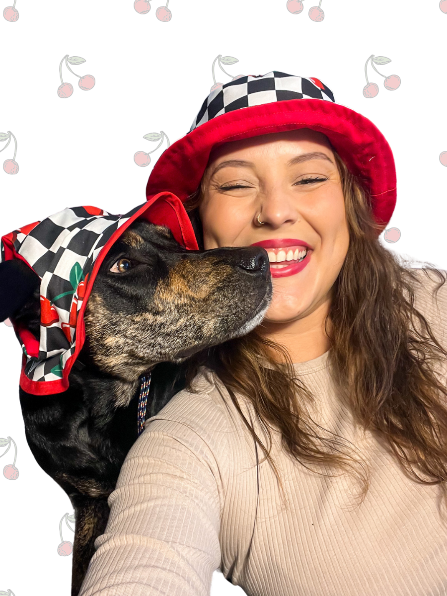 Matching Dog and Owner Cherry Checker Reversible Bucket Hats