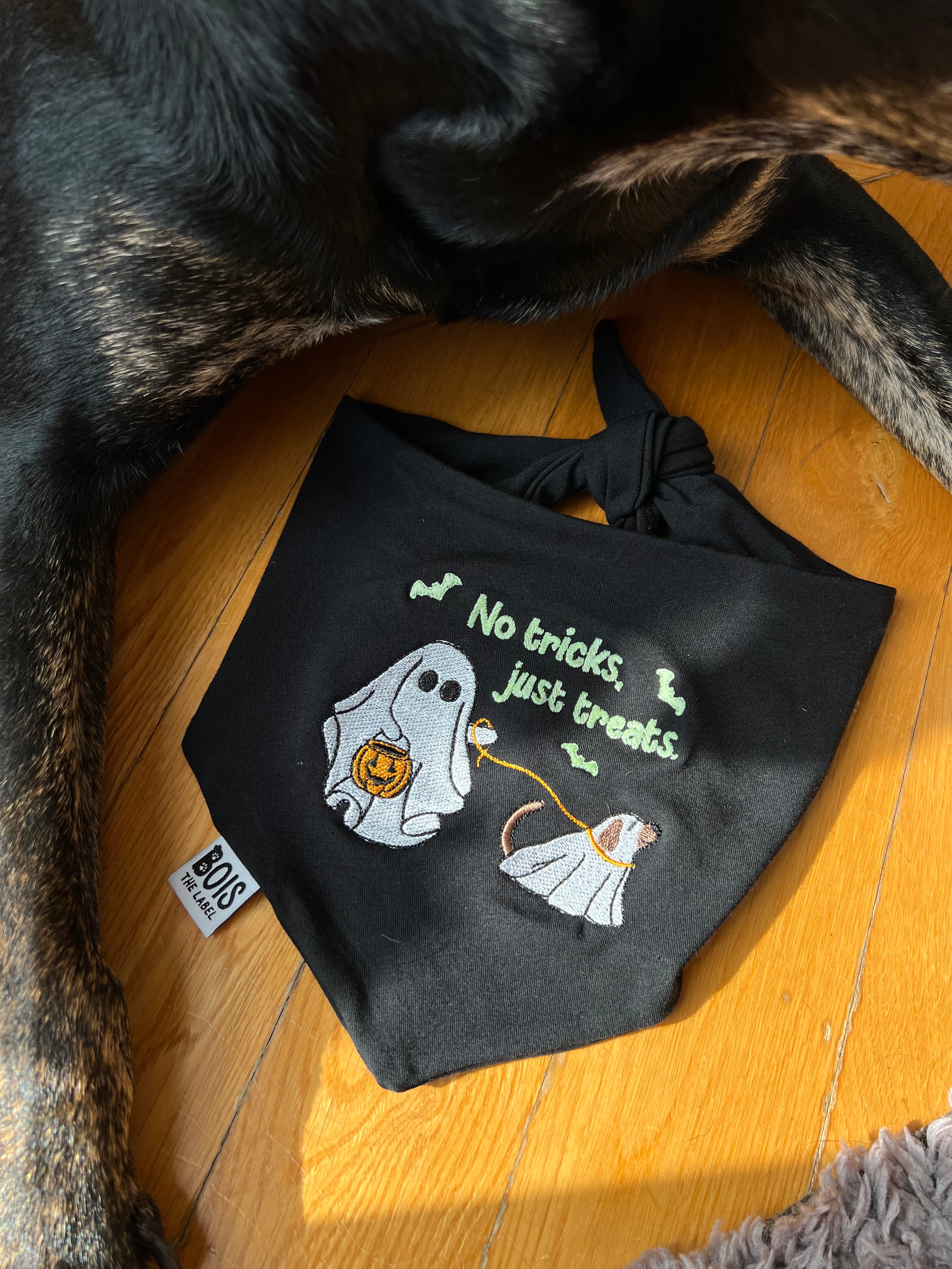 “No tricks, just treats” Glow in the Dark Halloween Dog Bandana