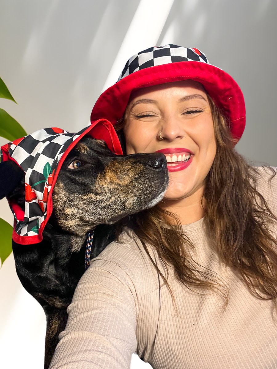 Matching Dog and Owner Cherry Checker Reversible Bucket Hats