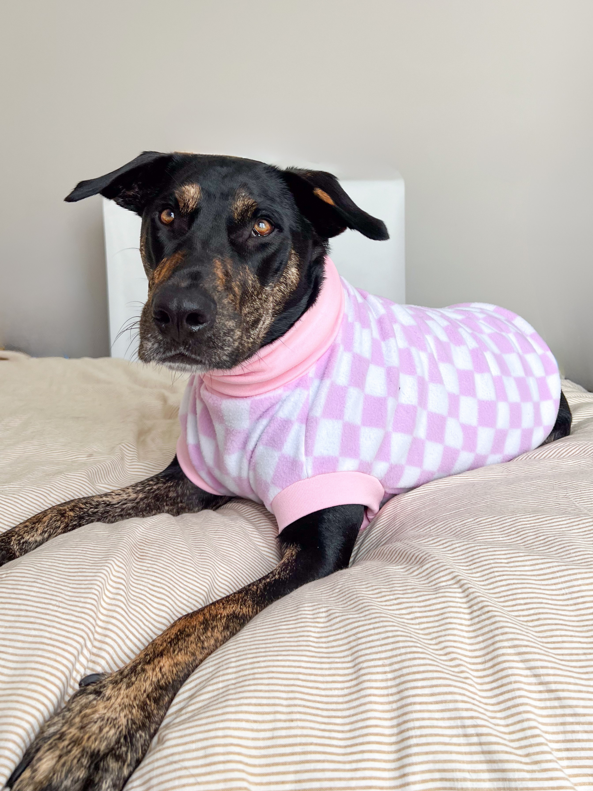 Pink Checker Fleece Sleeveless Dog Jumper