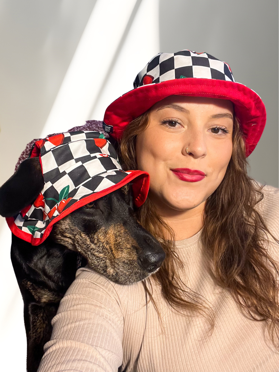 Matching Dog and Owner Cherry Checker Reversible Bucket Hats