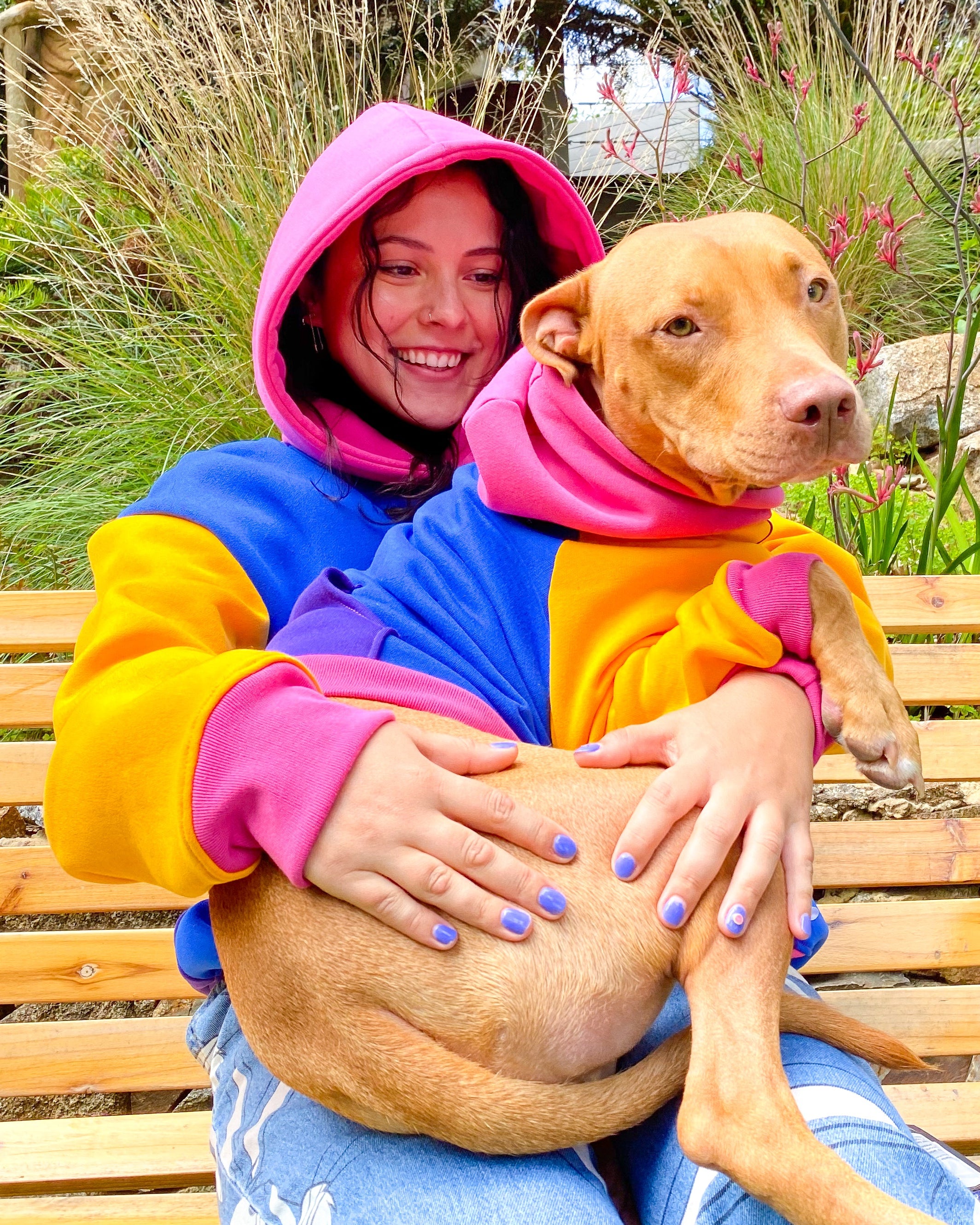 Person in colorful hoodie holding a dog on a bench with plants in the background